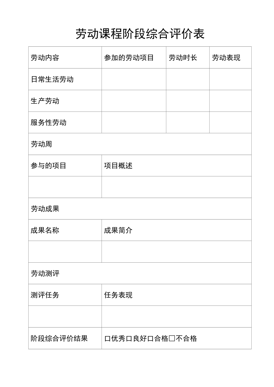 学生劳动课程阶段综合评价表（学校义务教育劳动课表格资料）.docx_第1页