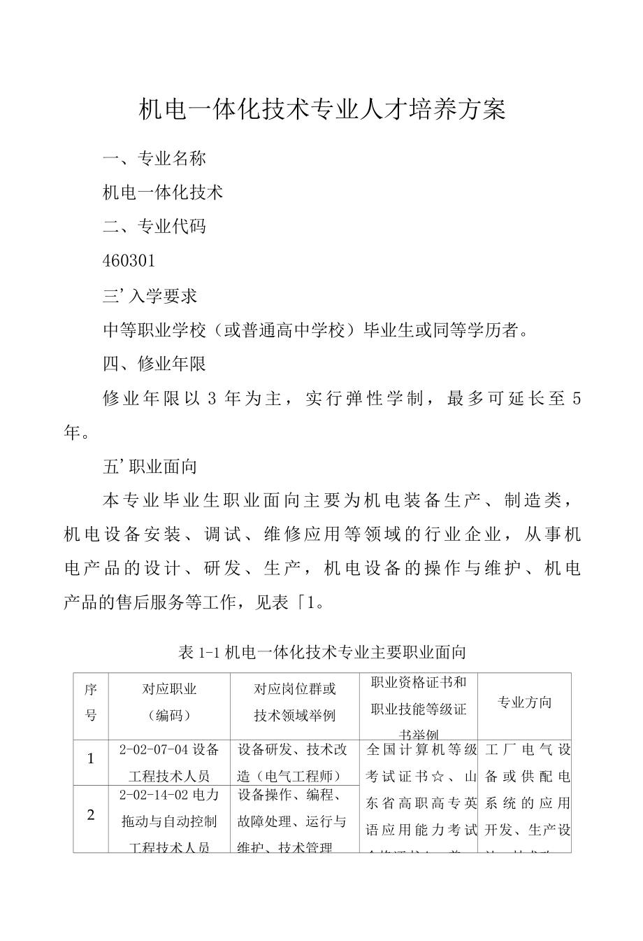 机电一体化技术专业人才培养方案（高职）.docx_第1页