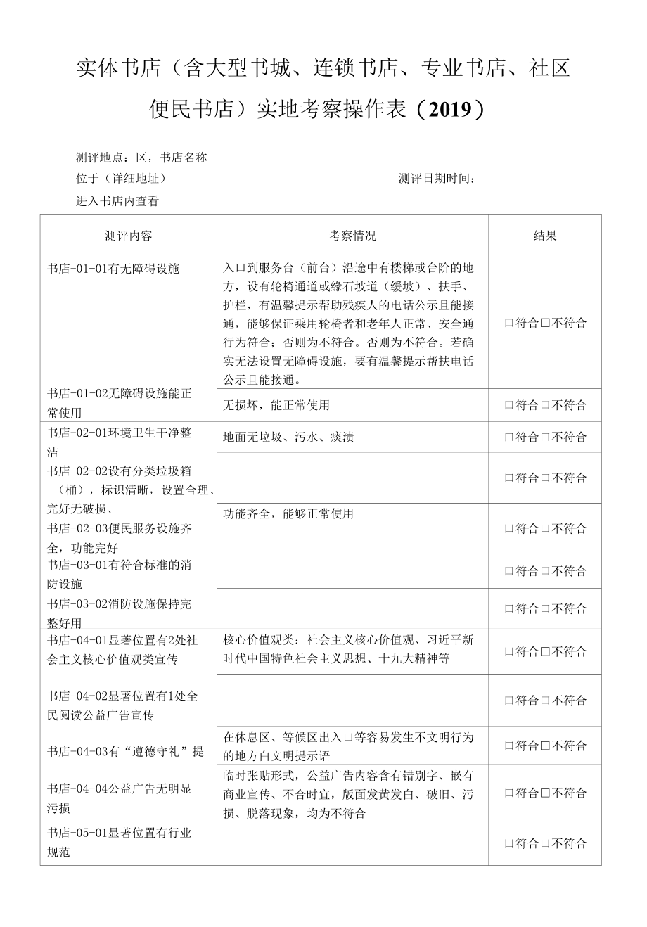 (31).2019 实体书店 创建文明城市实地考察操作表测评表.docx_第1页