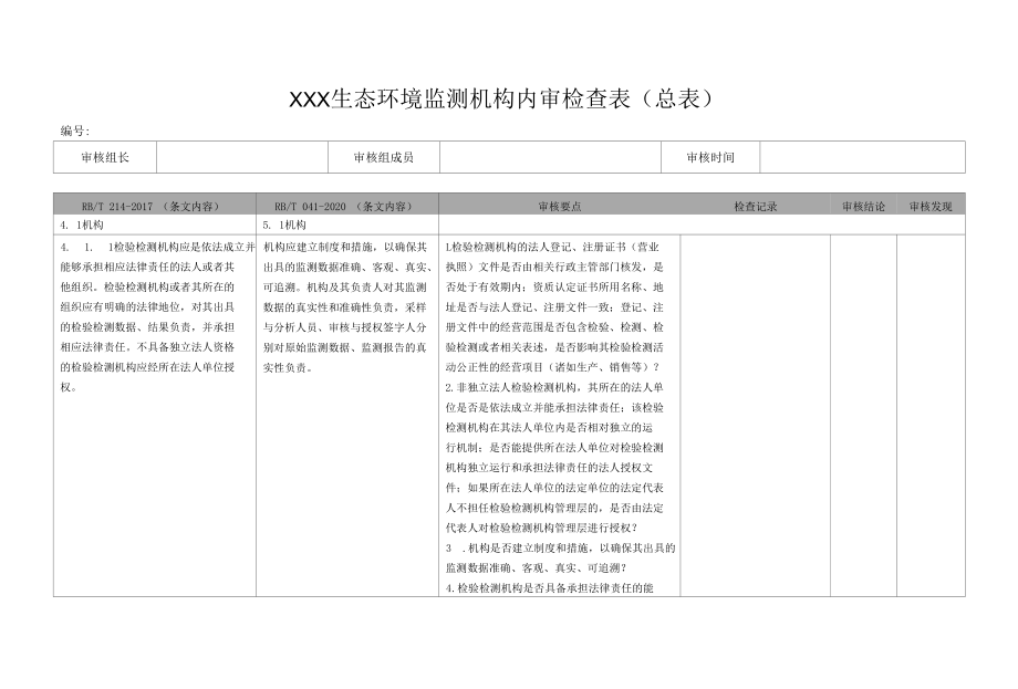 2021年生态环境监测机构内部审核检查表.docx_第1页