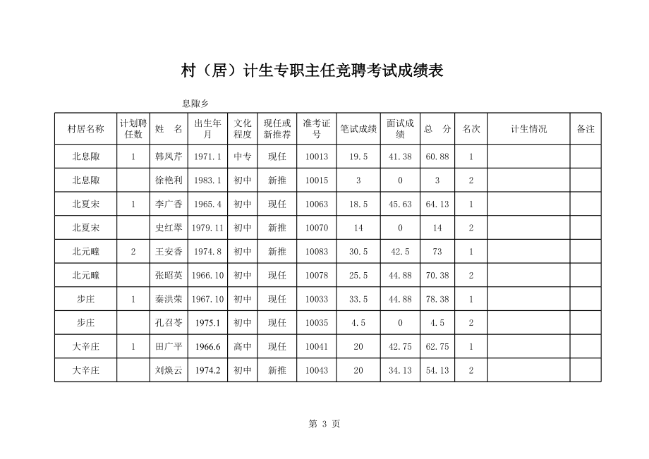 中层管理-村居计生专职主任竞聘考试成绩表 精品.xls_第3页