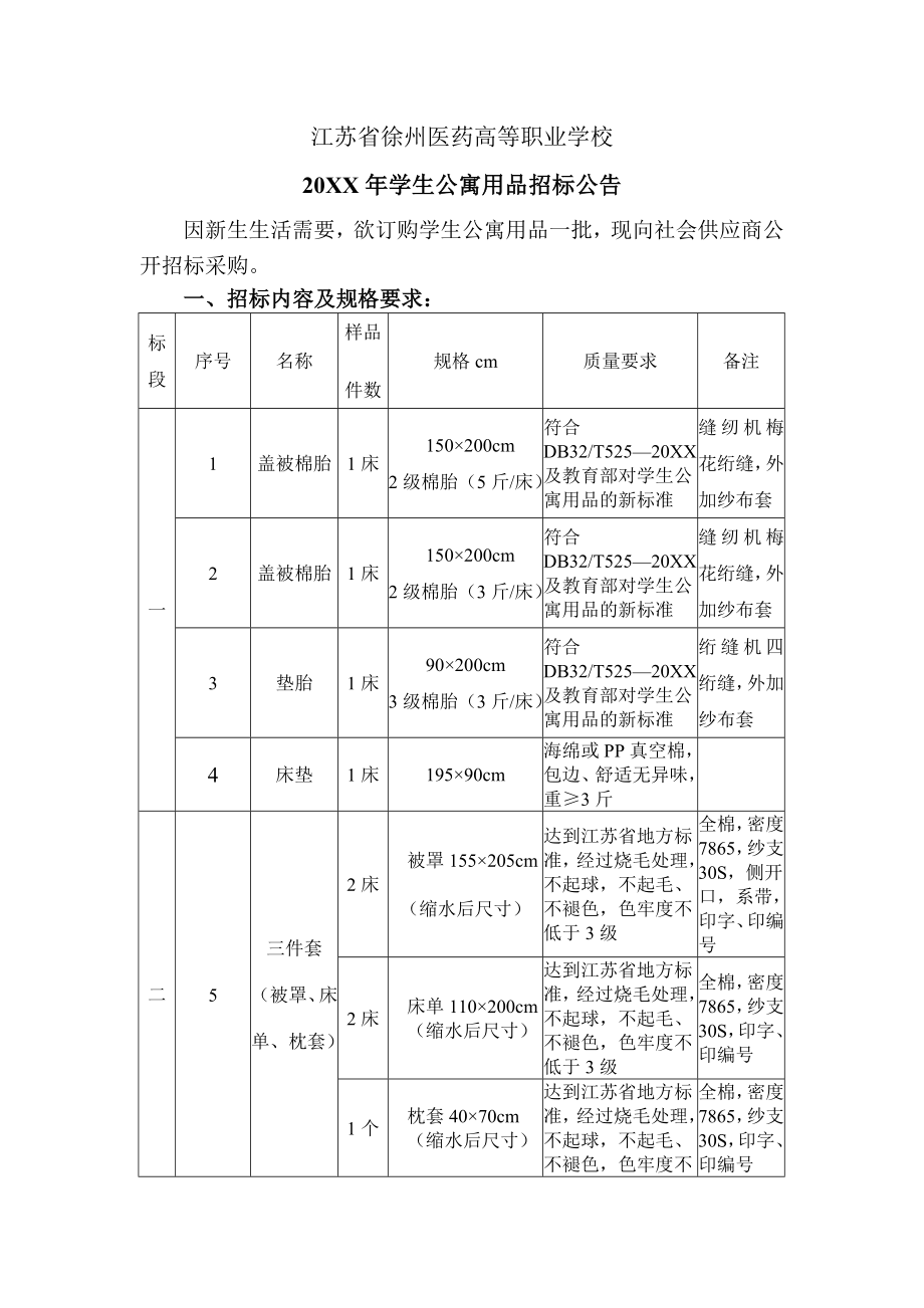 招标投标-XXXX年学生公寓用品招标公告江苏省徐州医药高等 精品.doc_第1页