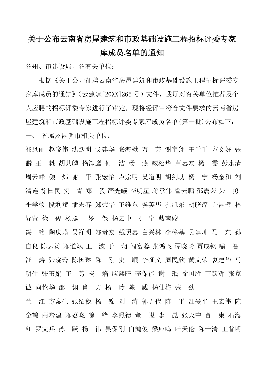 招标投标-关于公布云南省房屋建筑和市政基础设施工程招标评委专家库成员名 精品.doc_第1页