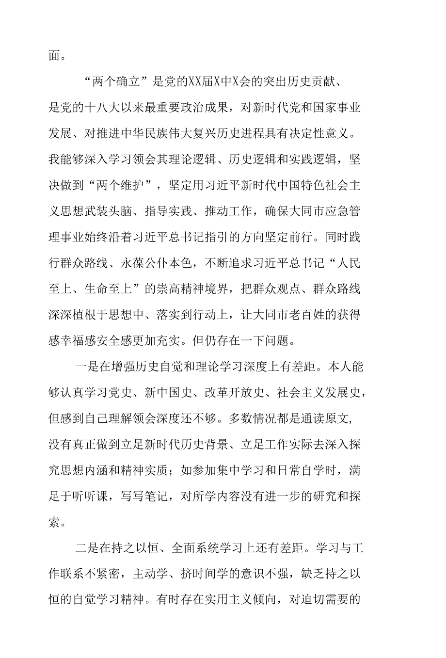 2021年应急管理系统领导班子成员党史学习教育“五个带头”专题民主生活会发言材料2篇.docx_第2页