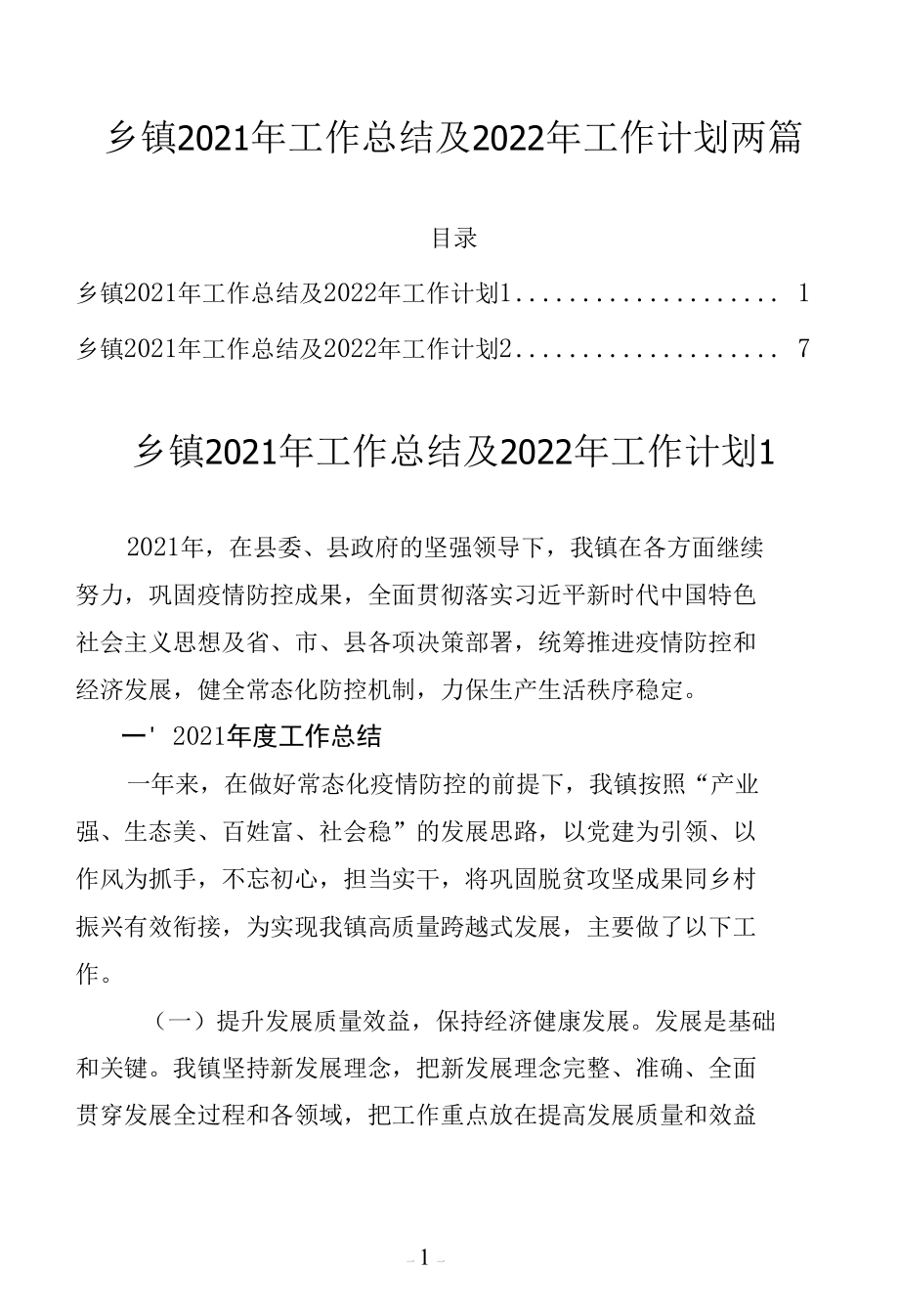 乡镇2021年工作总结及2022年工作计划两篇.docx_第1页