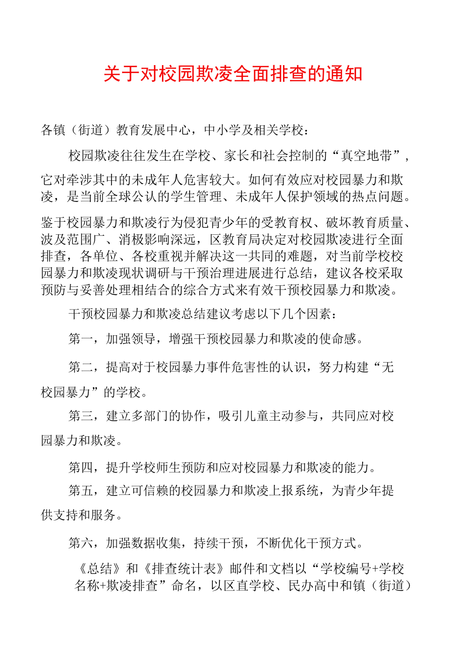 关于对校园欺凌全面排查的通知.docx_第1页