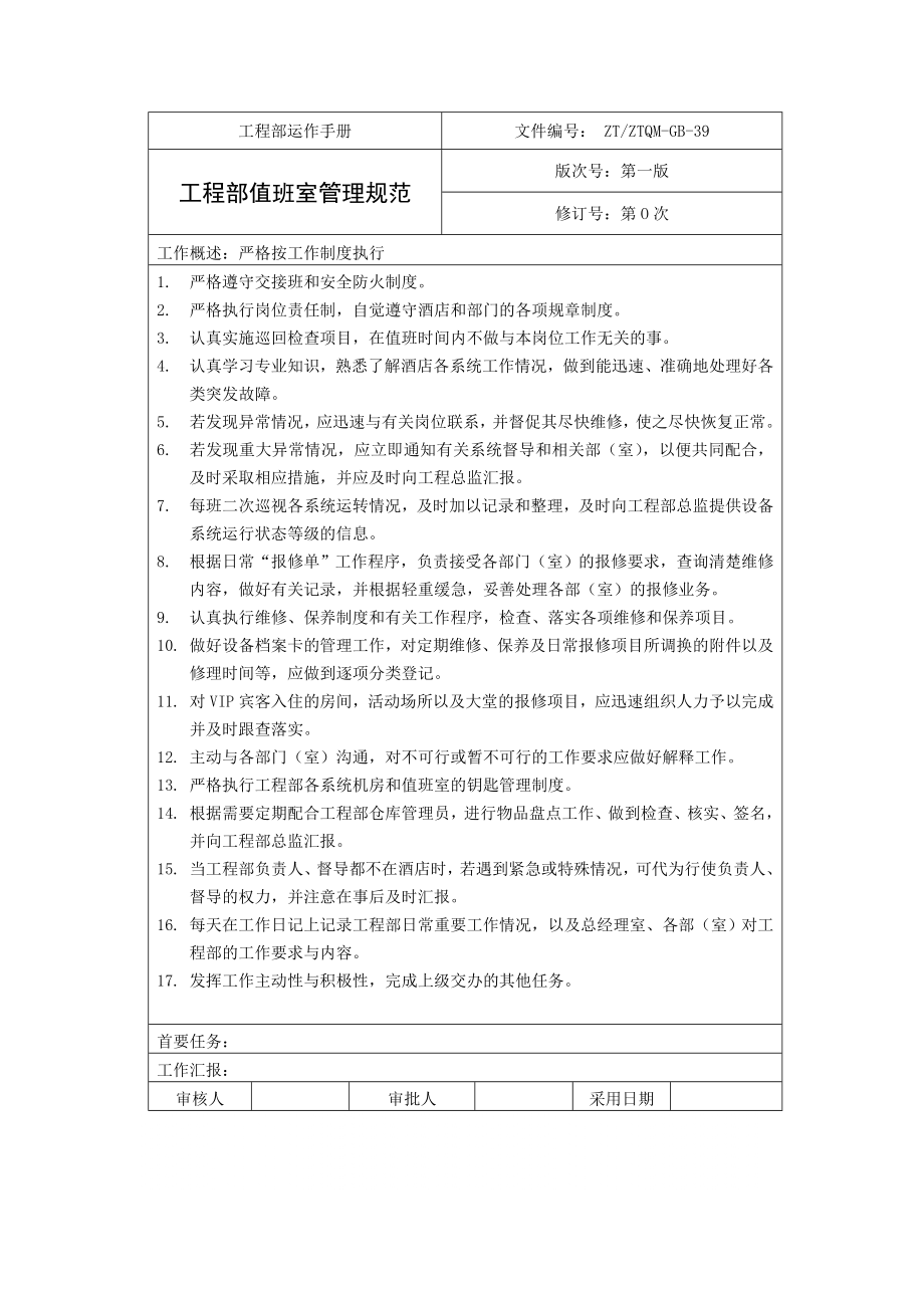 管理制度-工程部值班室工作规范 精品.doc_第1页