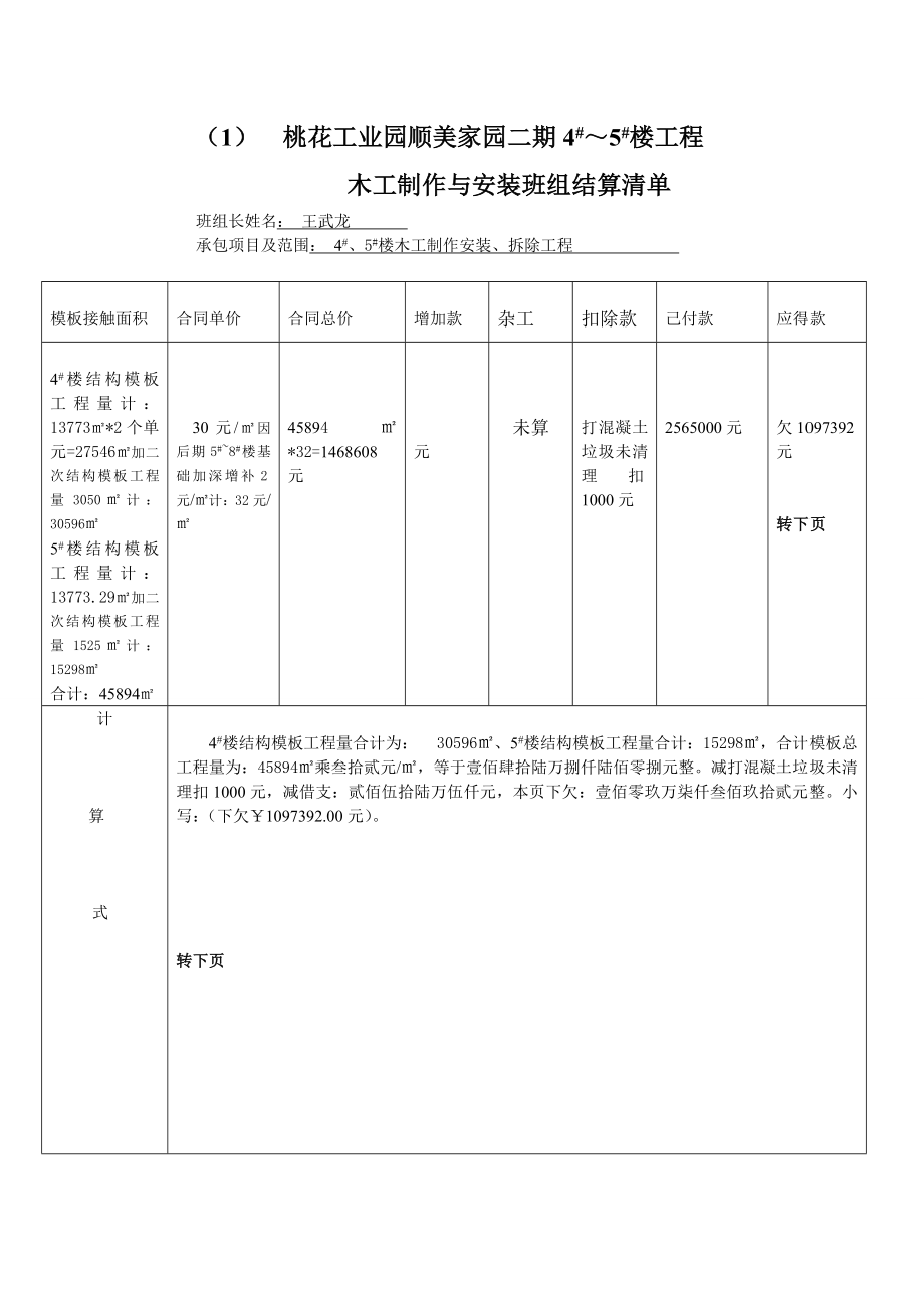 中层管理-X年年底班组结算清单 精品.doc_第1页