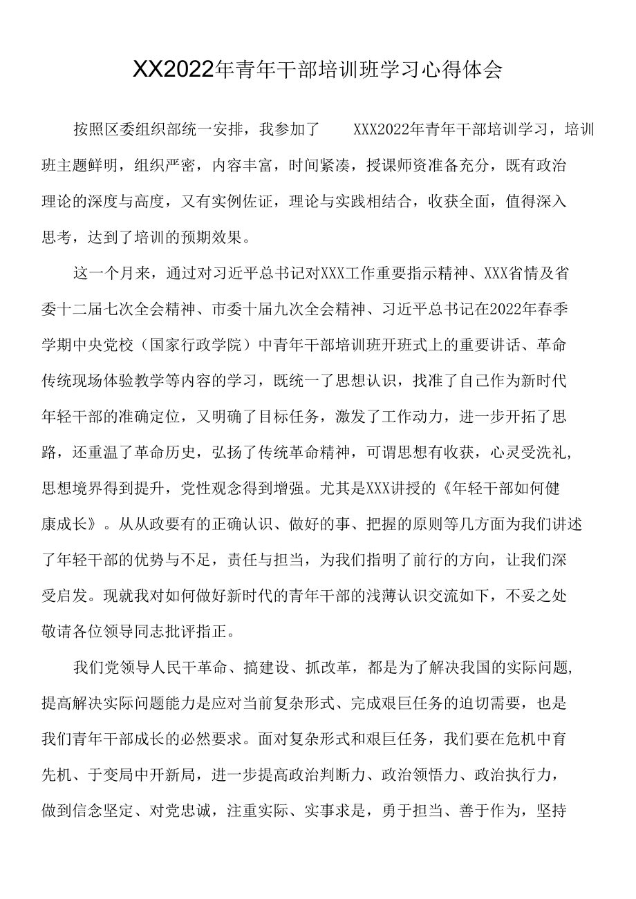 XX2022年青年干部培训班学习心得体会.docx_第1页