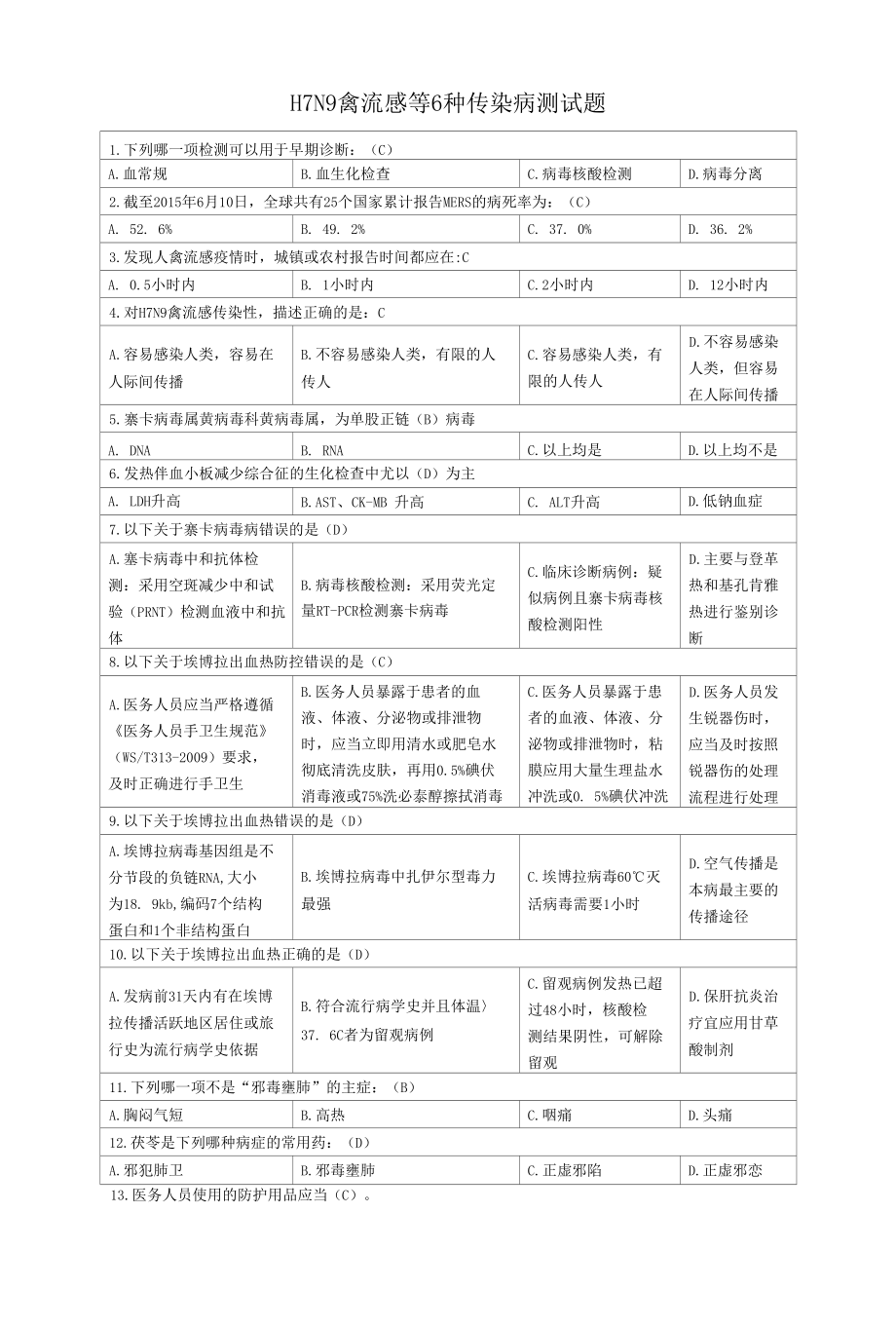 H7N9禽流感等6种传染病测试题.docx_第1页