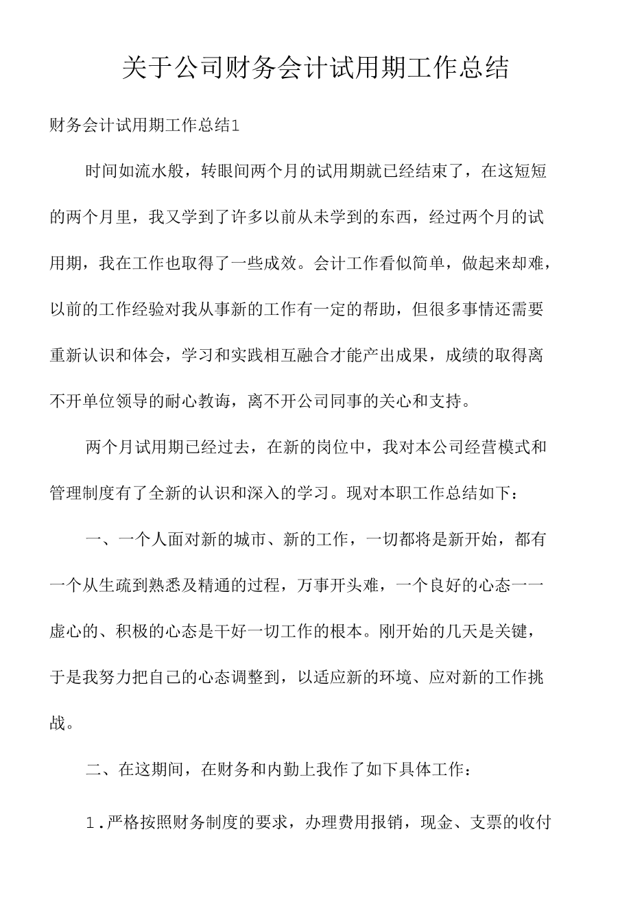 关于公司财务会计试用期工作总结.docx_第1页