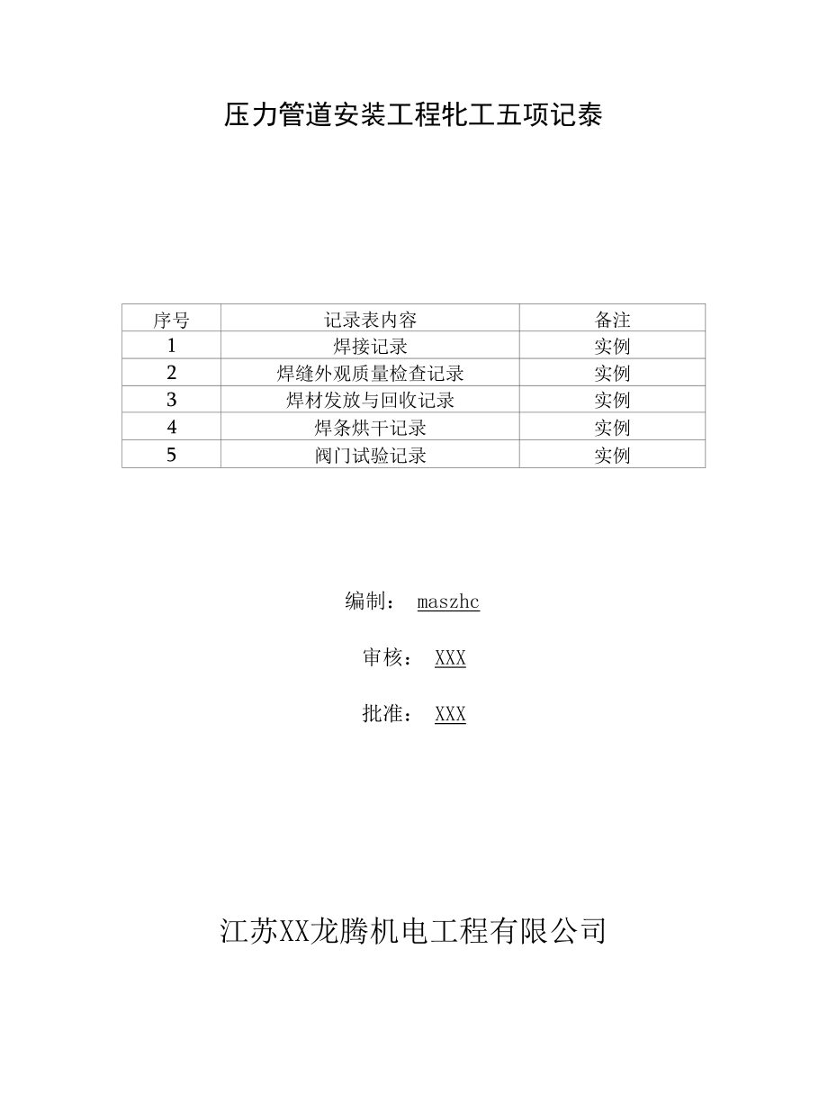 压力管道安装工程施工五项记录.docx_第1页