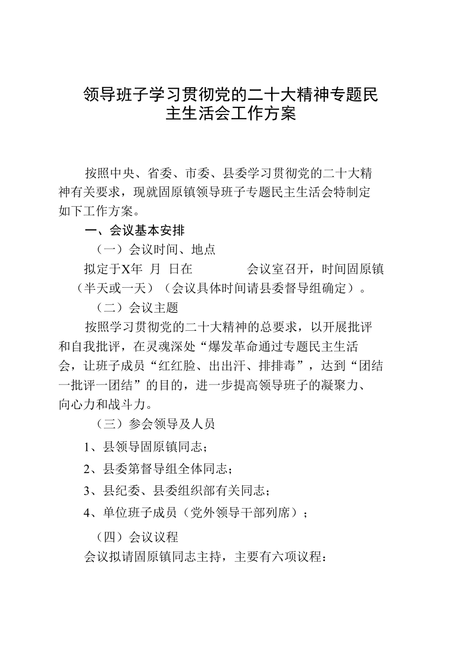 领导班子学习贯彻党的二十大精神专题民主生活会工作方案.docx_第1页