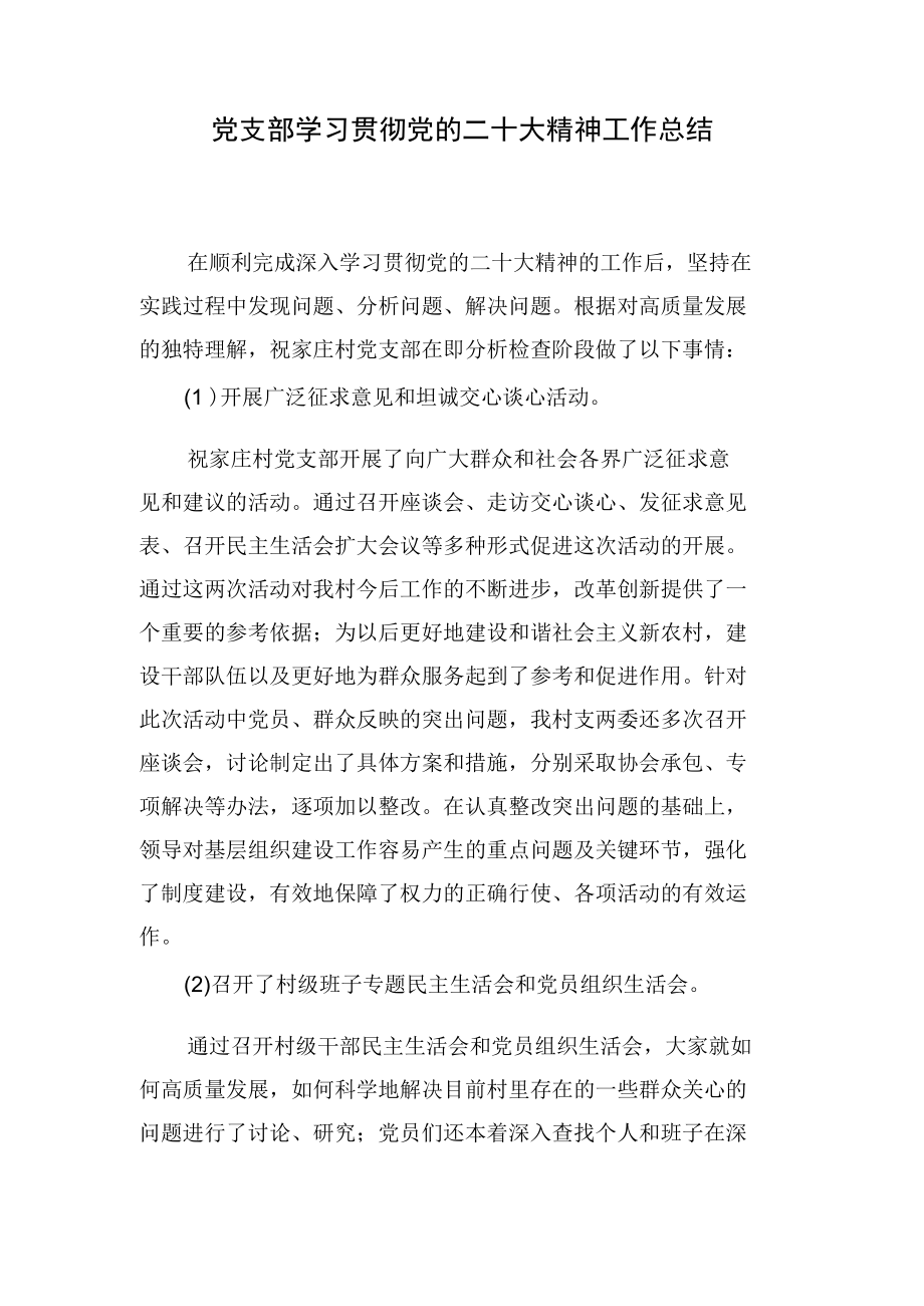 党支部学习贯彻党的二十大精神工作总结.docx_第1页