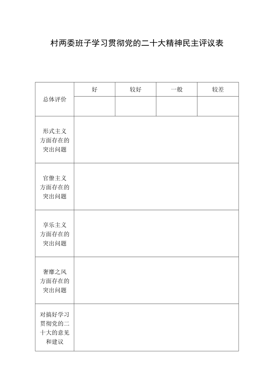 村两委班子学习贯彻党的二十大精神民主评议表.docx_第1页