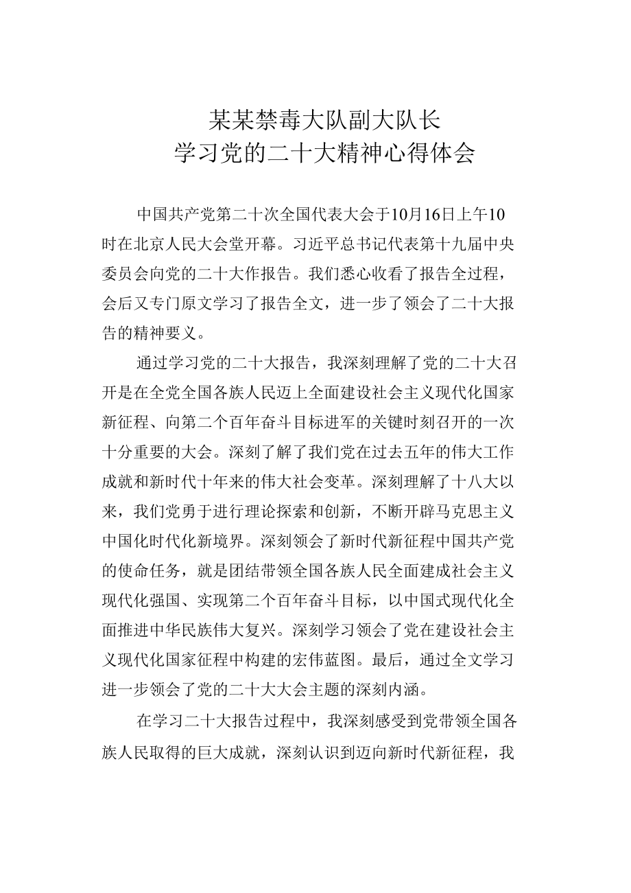 某某禁毒大队副大队长学习党的二十大精神心得体会.docx_第1页