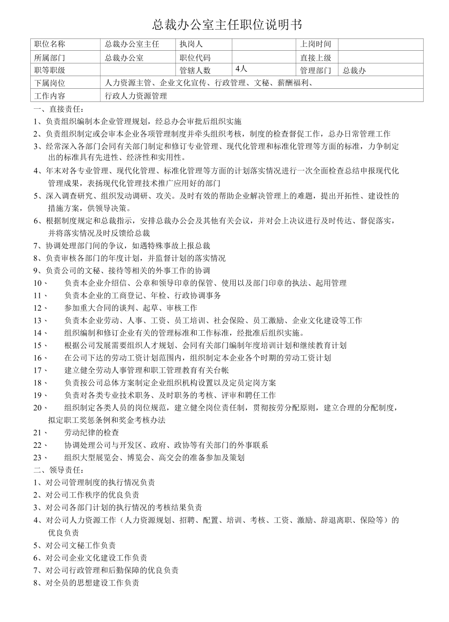 总裁办公室主任职位说明书.docx_第1页