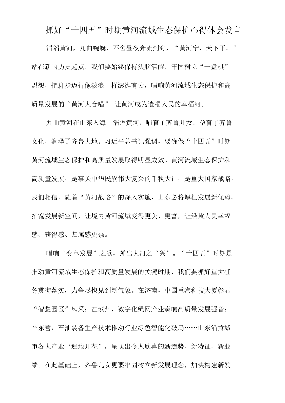 抓好“十四五”时期黄河流域生态保护心得体会发言.docx_第1页