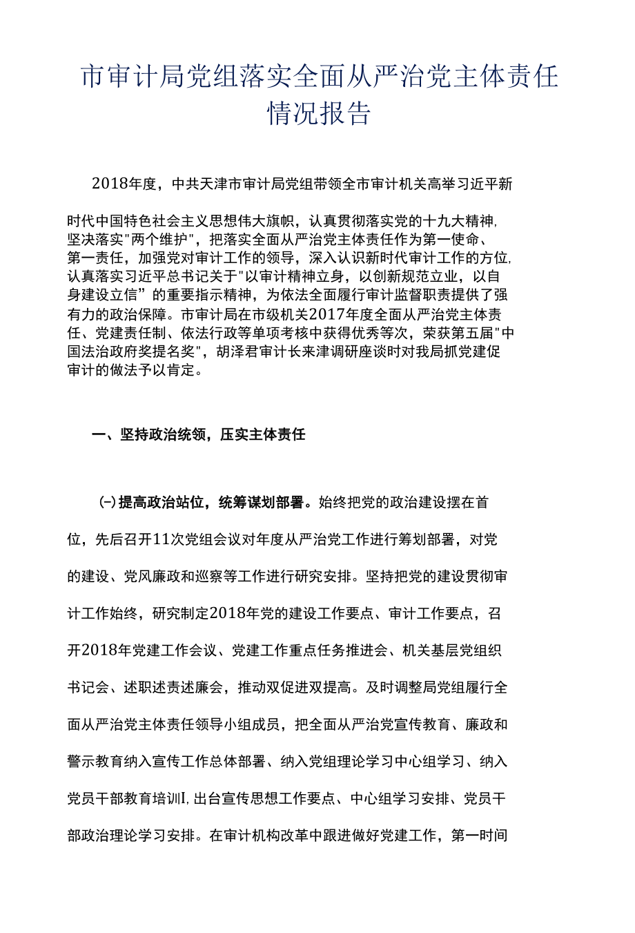 市审计局党组落实全面从严治党主体责任情况报告.docx_第1页