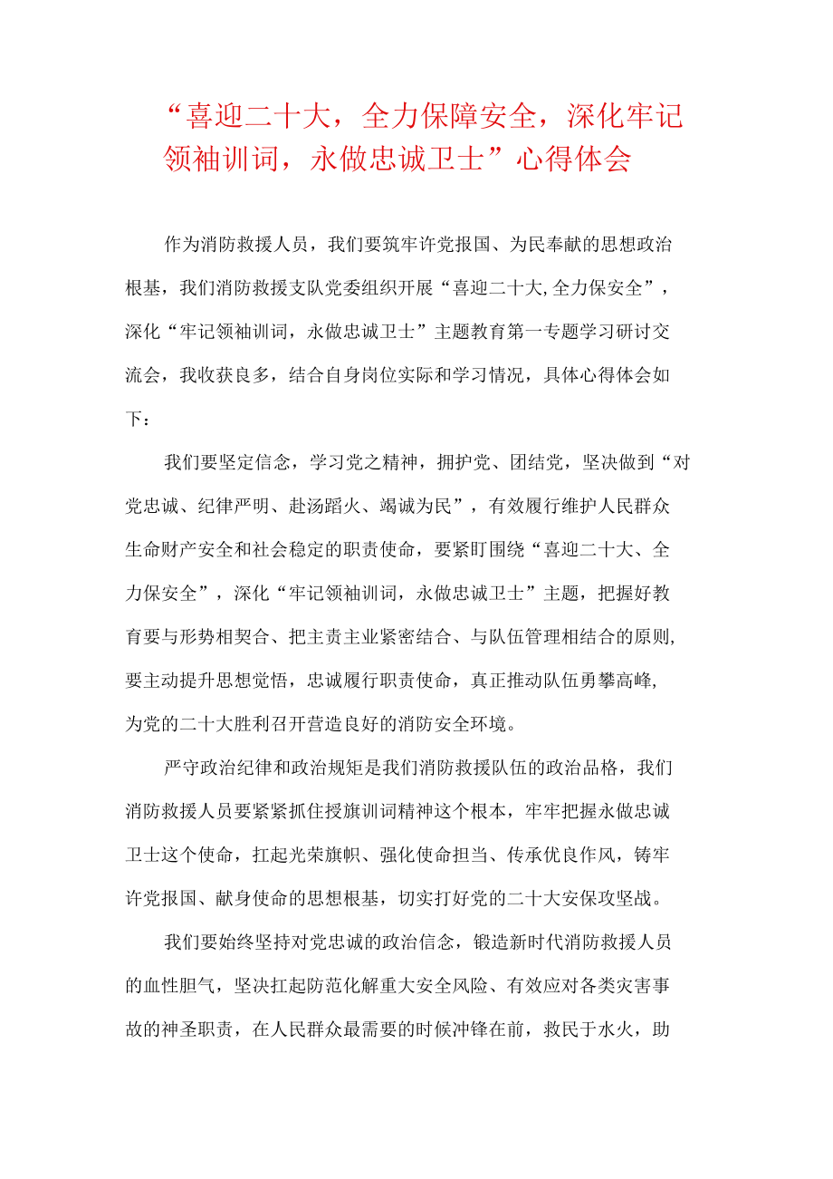 “喜迎二十大,全力保安全,深化牢记领袖训词,永做忠诚卫士”心得体会.docx_第1页