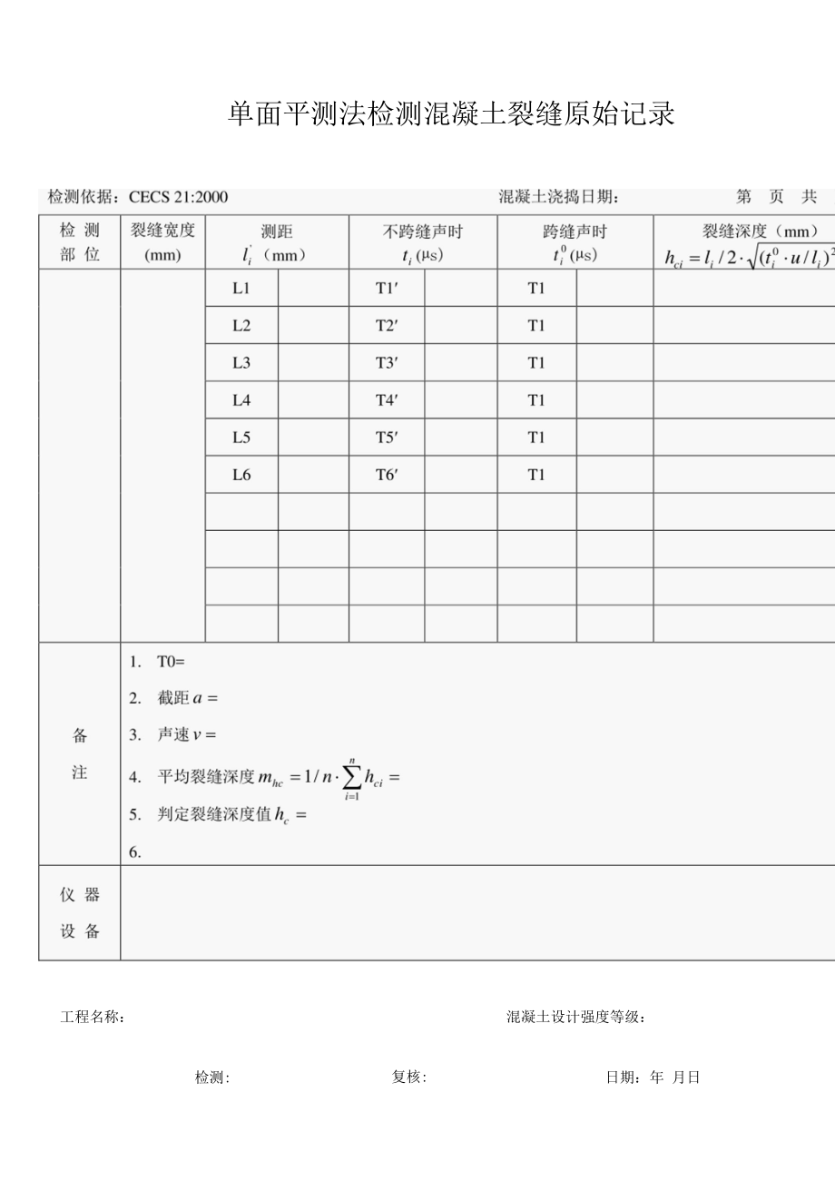 单面平测法检测混凝土裂缝原始记录.docx_第1页