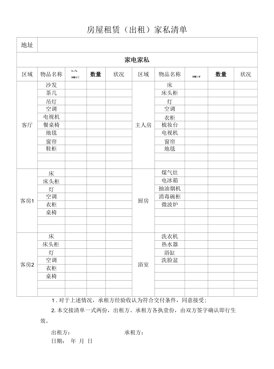 房屋租赁（出租）家私清单.docx_第1页