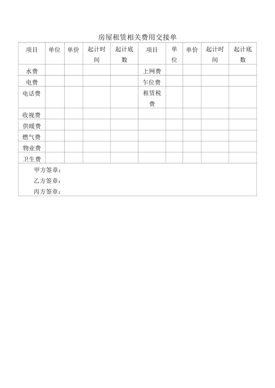 房屋租赁相关费用交接单.docx_第1页