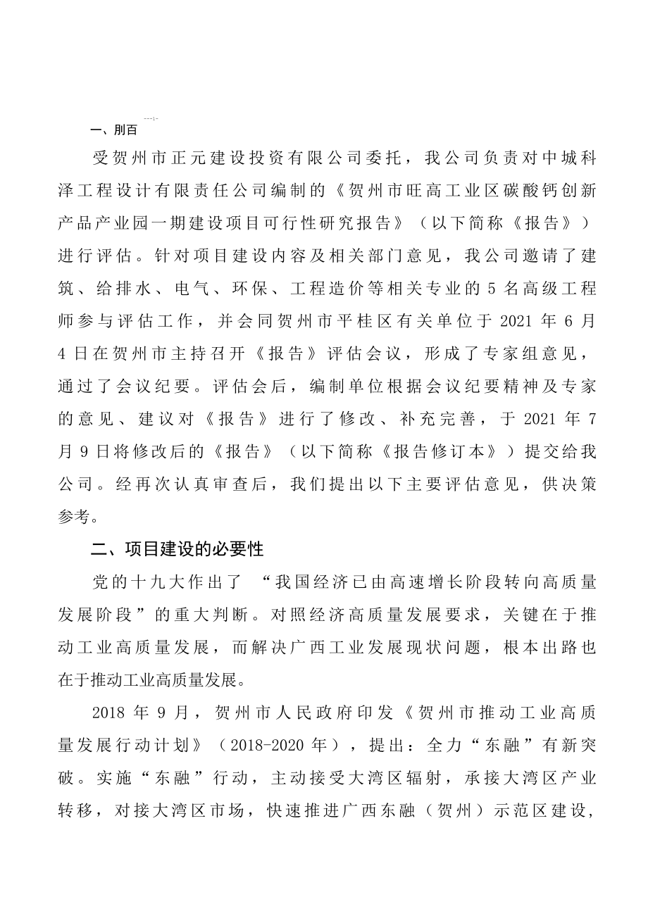 贺州市旺高工业区碳酸钙创新产品产业园一期建设项目可行性研究的评估报告.docx_第2页