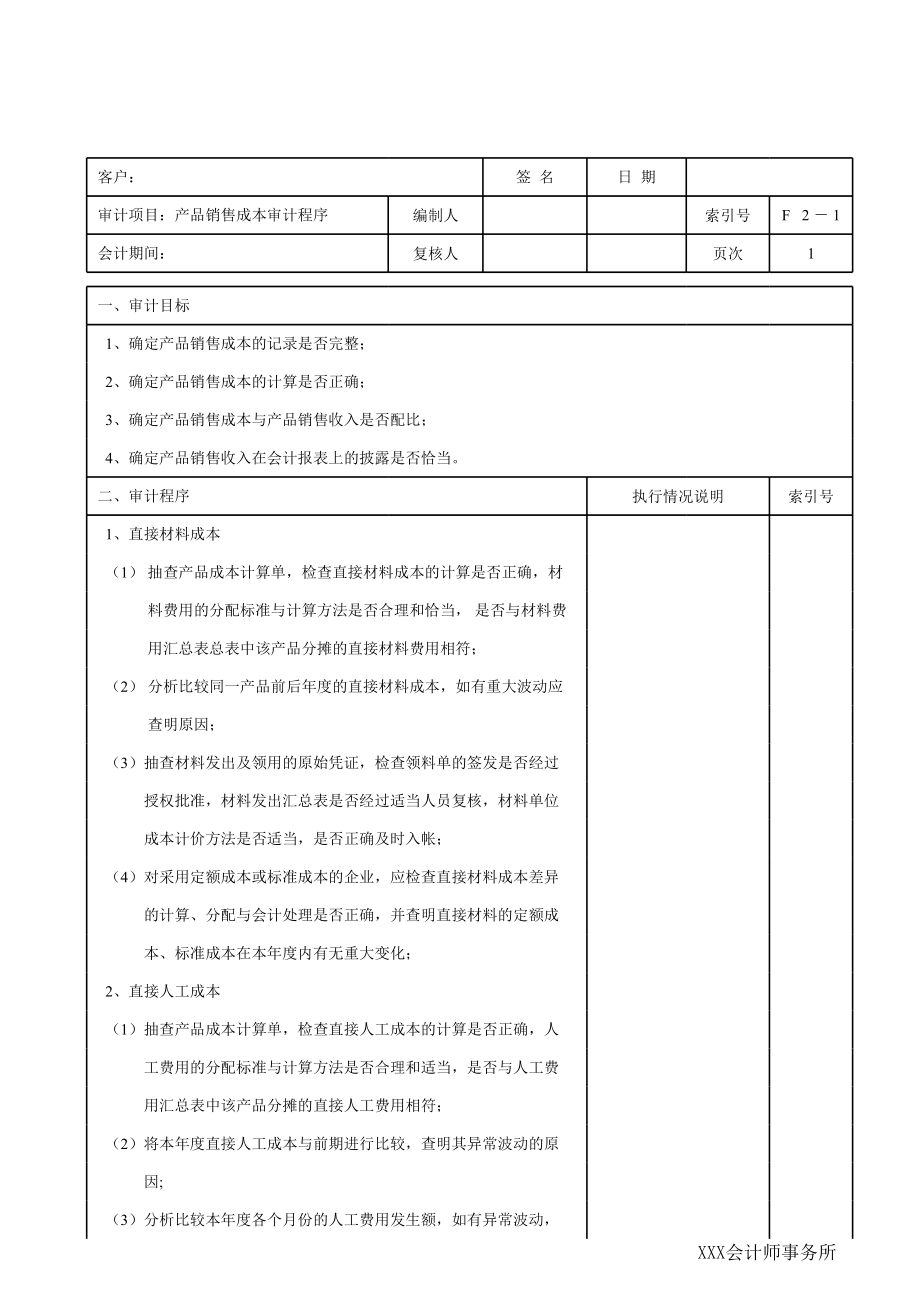 表格模板-主要销售成本结转金额抽查表 精品.xls_第1页