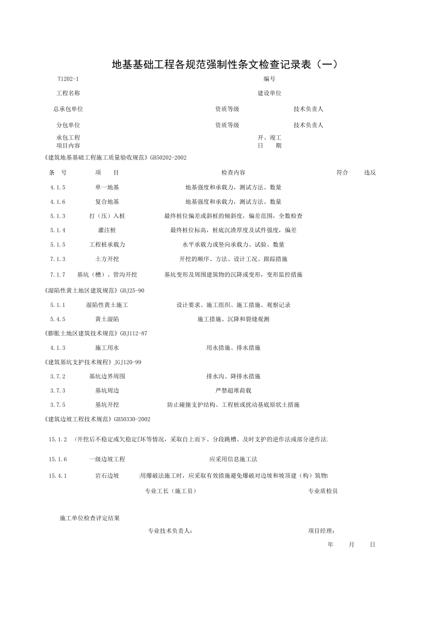 表格模板-T12021地基基础工程各规范强制性条文检查记录表一 精品.xls_第1页