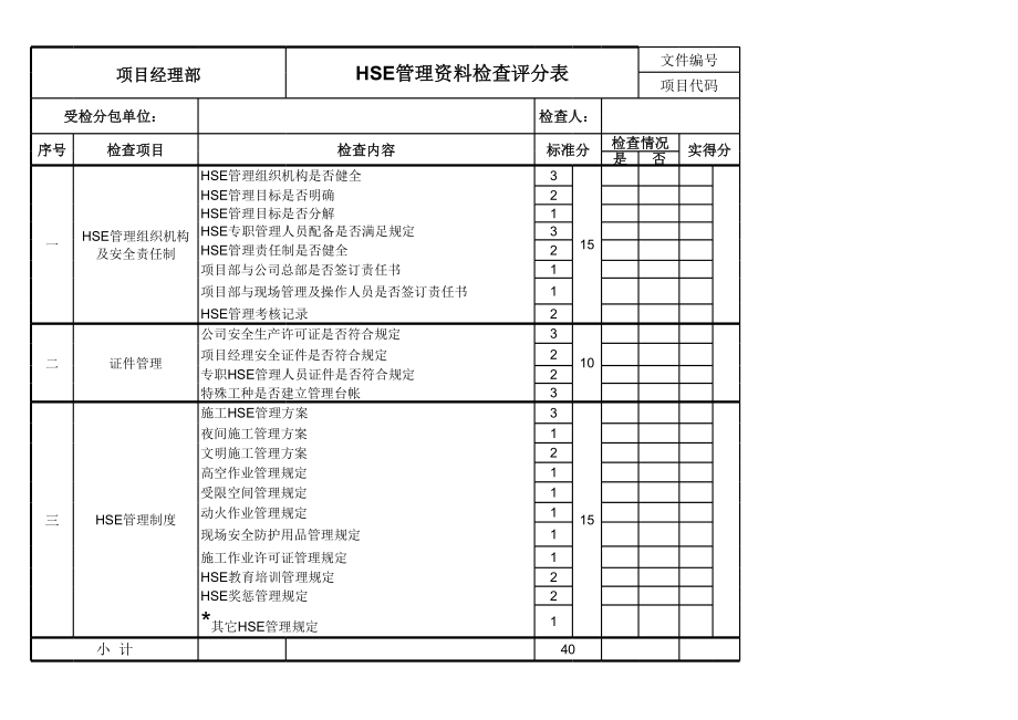 表格模板-HSE管理资料检查评分表 精品.xls_第1页