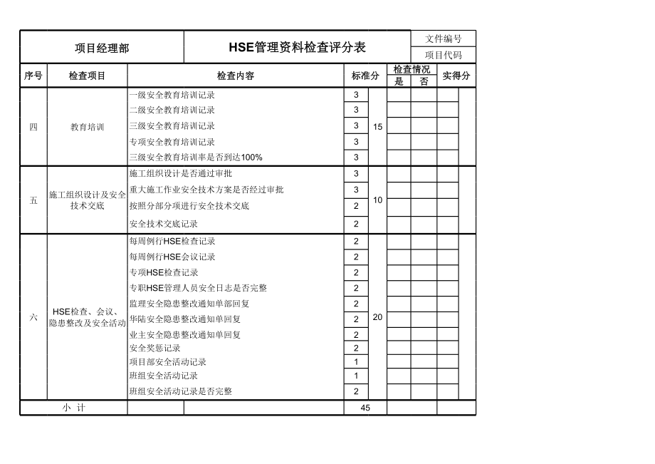 表格模板-HSE管理资料检查评分表 精品.xls_第2页