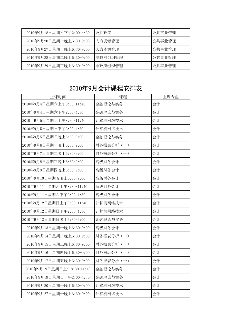 表格模板-XXXX年9月工商企业管理课程安排表 精品.xls_第3页