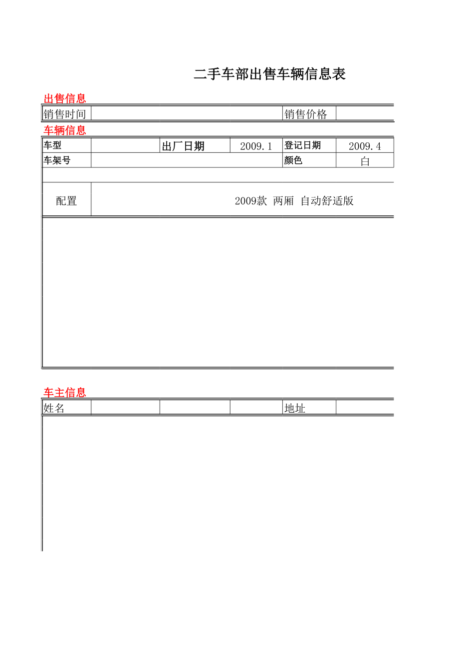 表格模板-二手车部销售车辆信息表 精品.xls_第1页