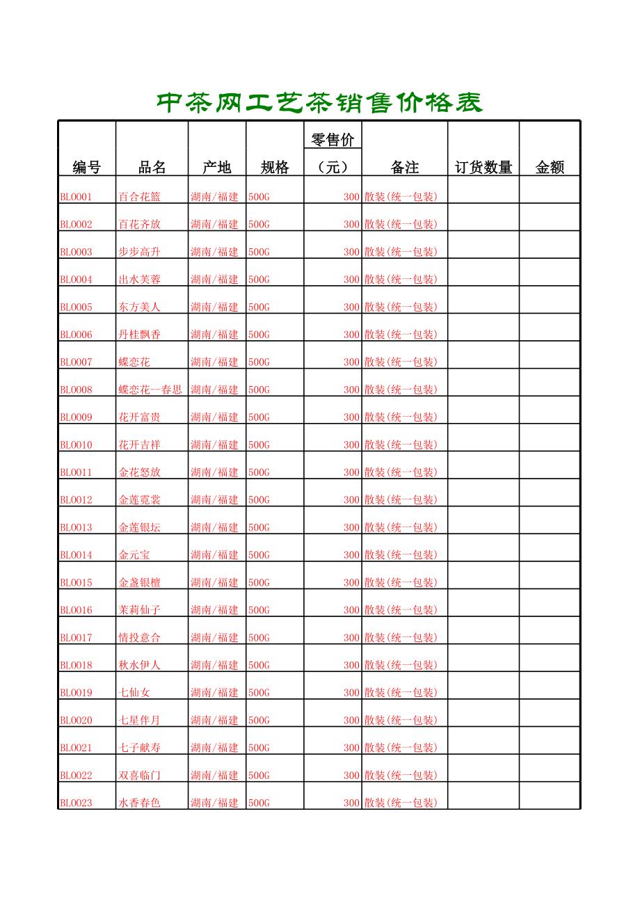 表格模板-中茶网工艺茶销售价格表2 精品.xls_第1页