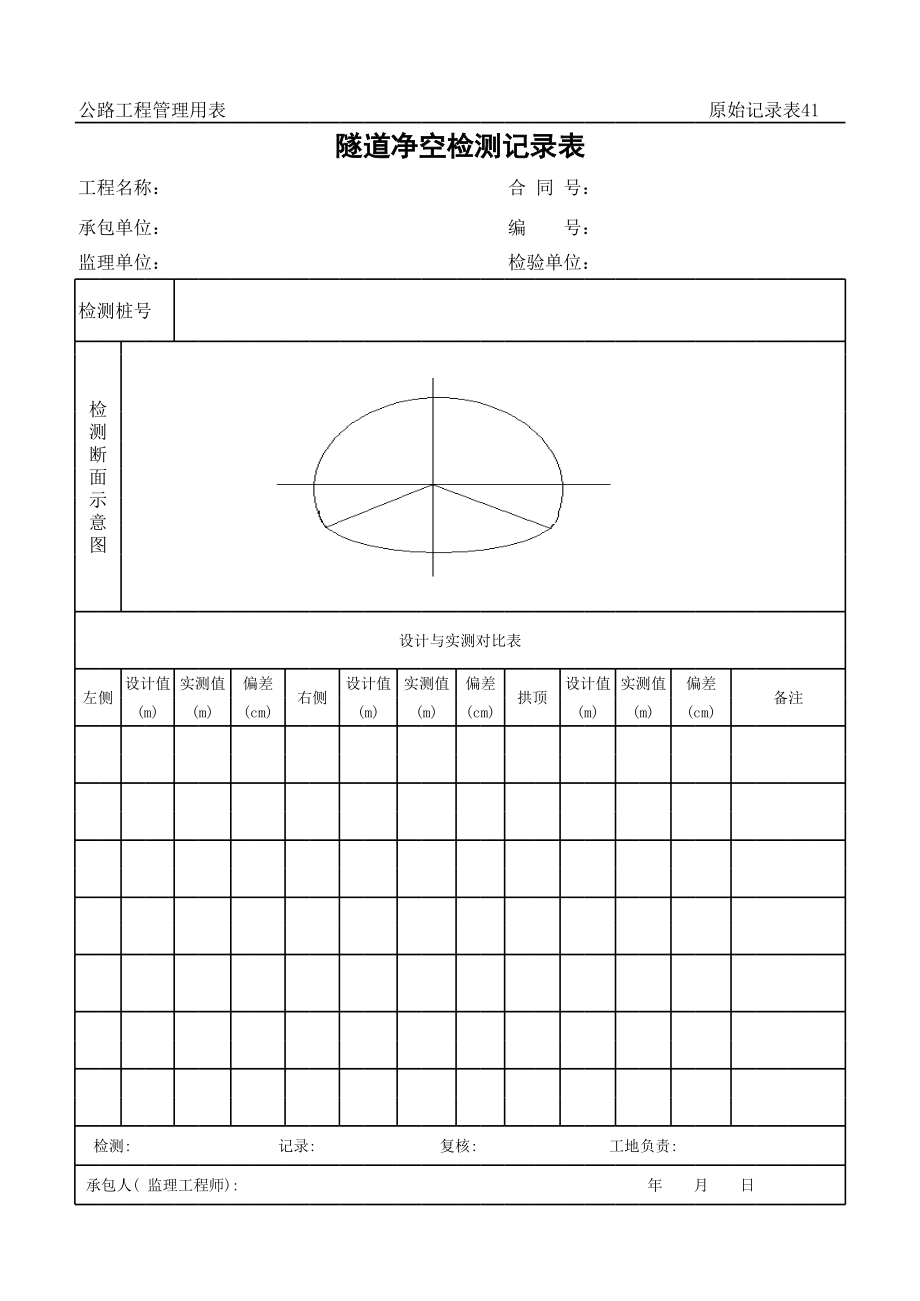 表格模板-公路工程管理用表范本隧道净空检测记录表 精品.xls_第1页