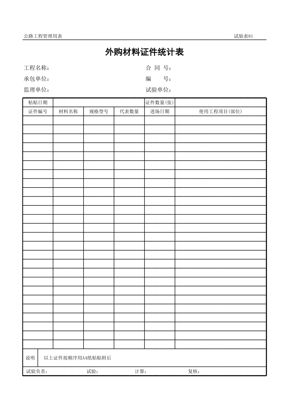 表格模板-公路工程管理用表范本外购材料证件统计表 精品.xls_第1页