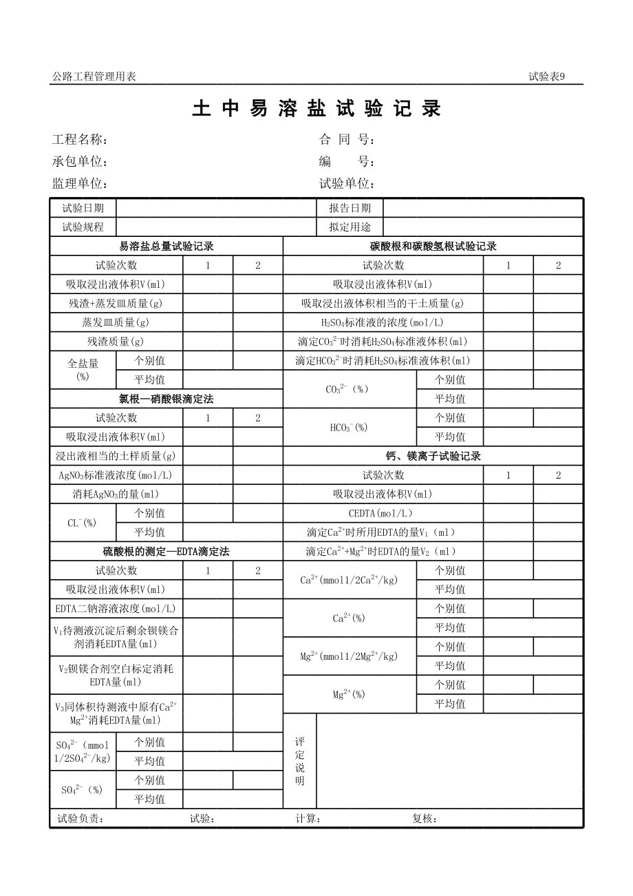 表格模板-公路工程管理用表范本土中易溶盐试验记录 精品.xls_第1页