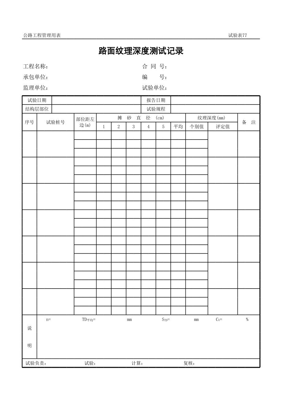 表格模板-公路工程管理用表范本路面纹理深度测试记录 精品.xls_第1页