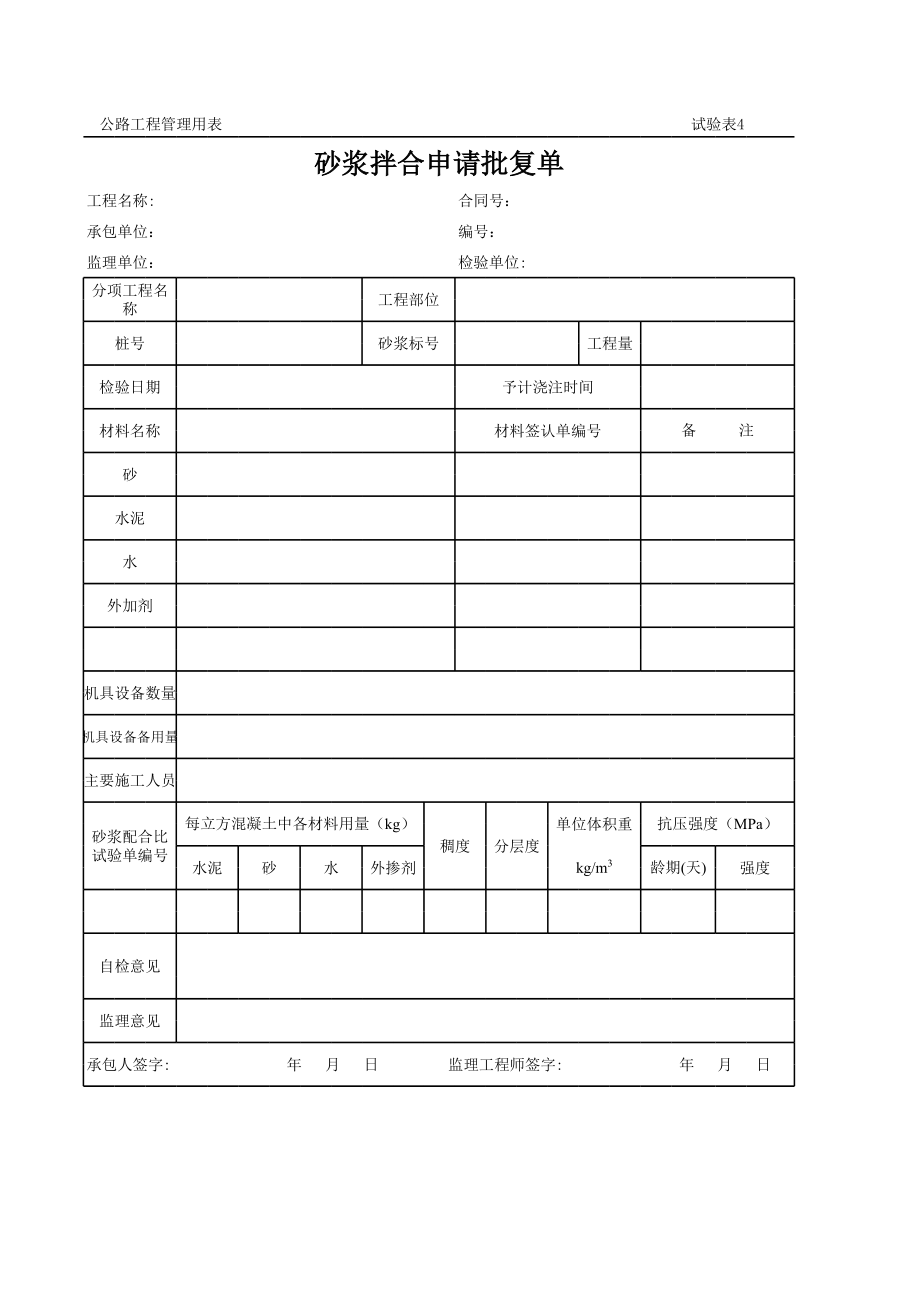 表格模板-公路工程管理用表范本砂浆拌合申请批复单 精品.xls_第1页