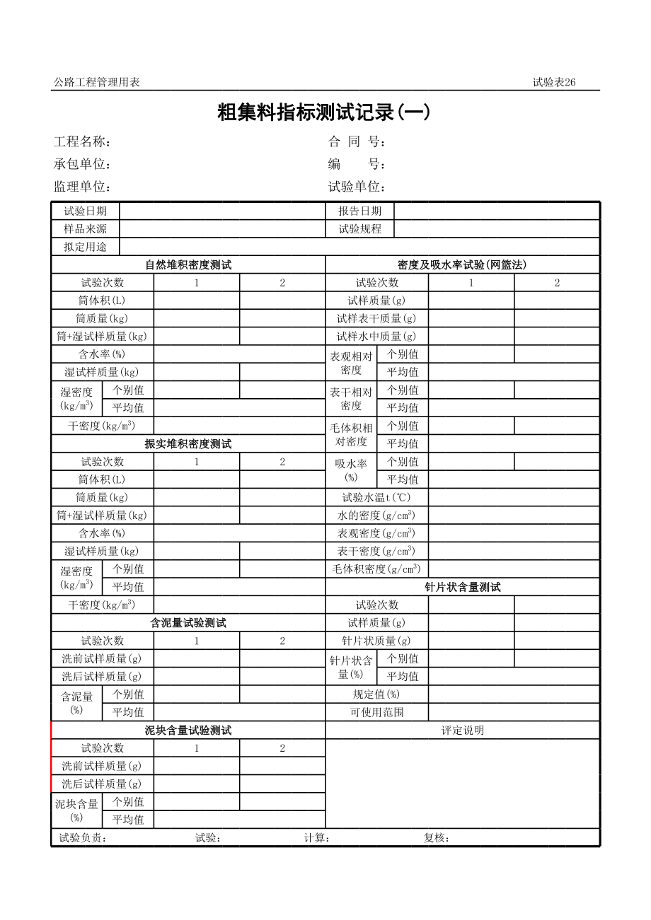 表格模板-公路工程管理用表范本粗集料指标测试记录一 精品.xls_第1页