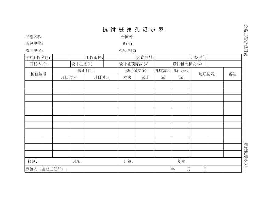 表格模板-公路工程管理用表范本抗滑桩挖孔记录表 精品.xls_第1页