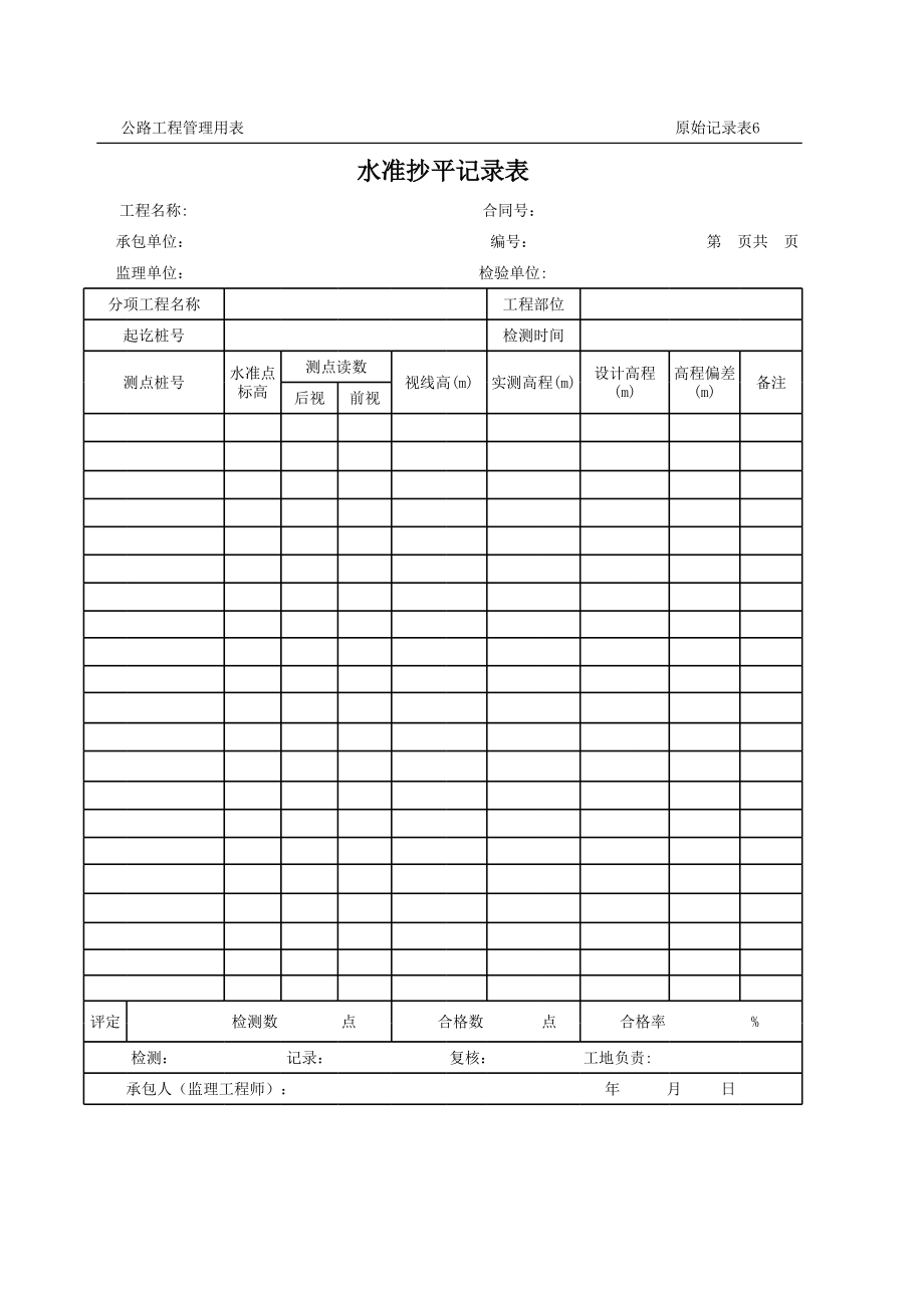 表格模板-公路工程管理用表范本水准抄平记录表 精品.xls_第1页