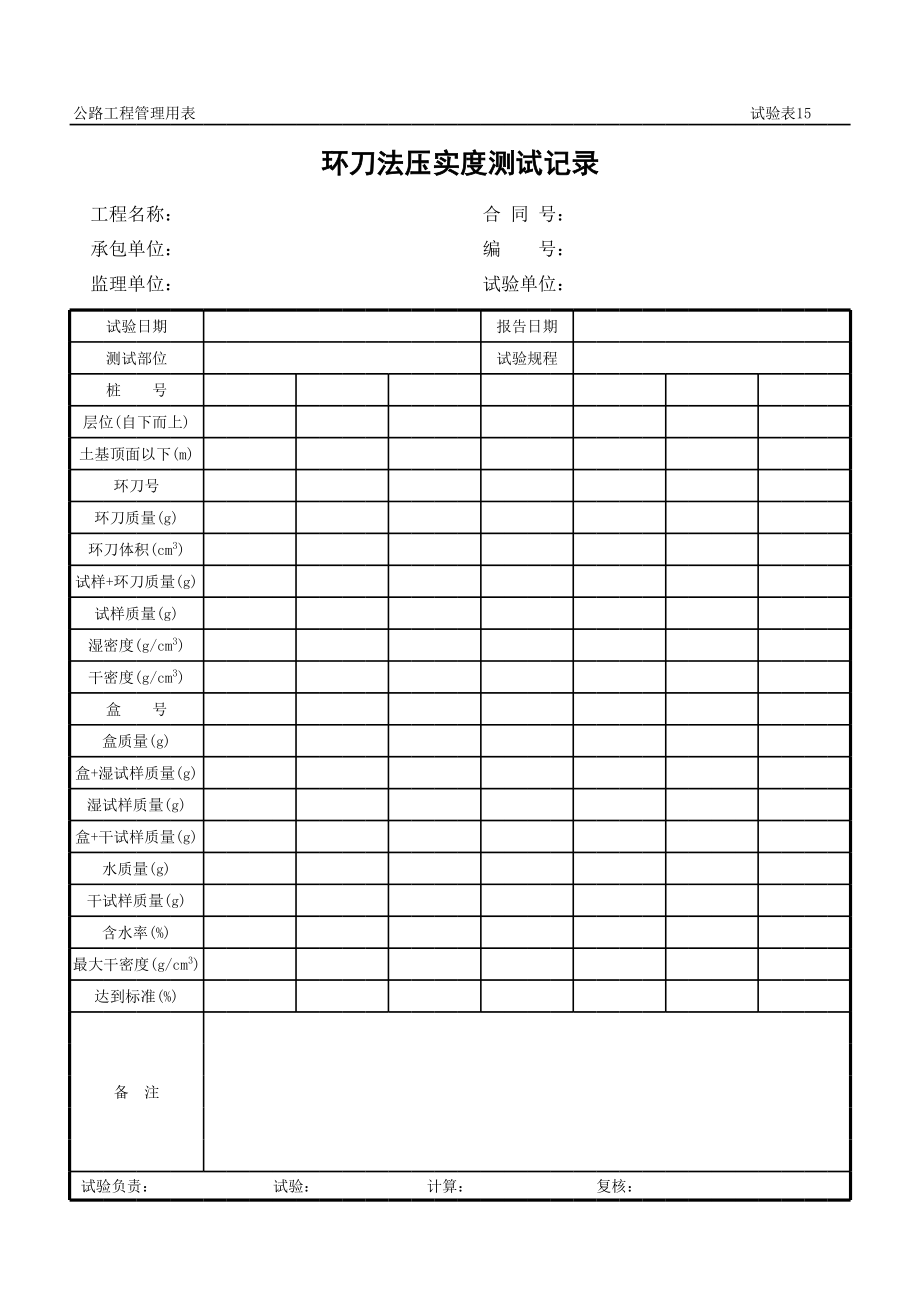 表格模板-公路工程管理用表范本环刀法压实度测试记录 精品.xls_第1页