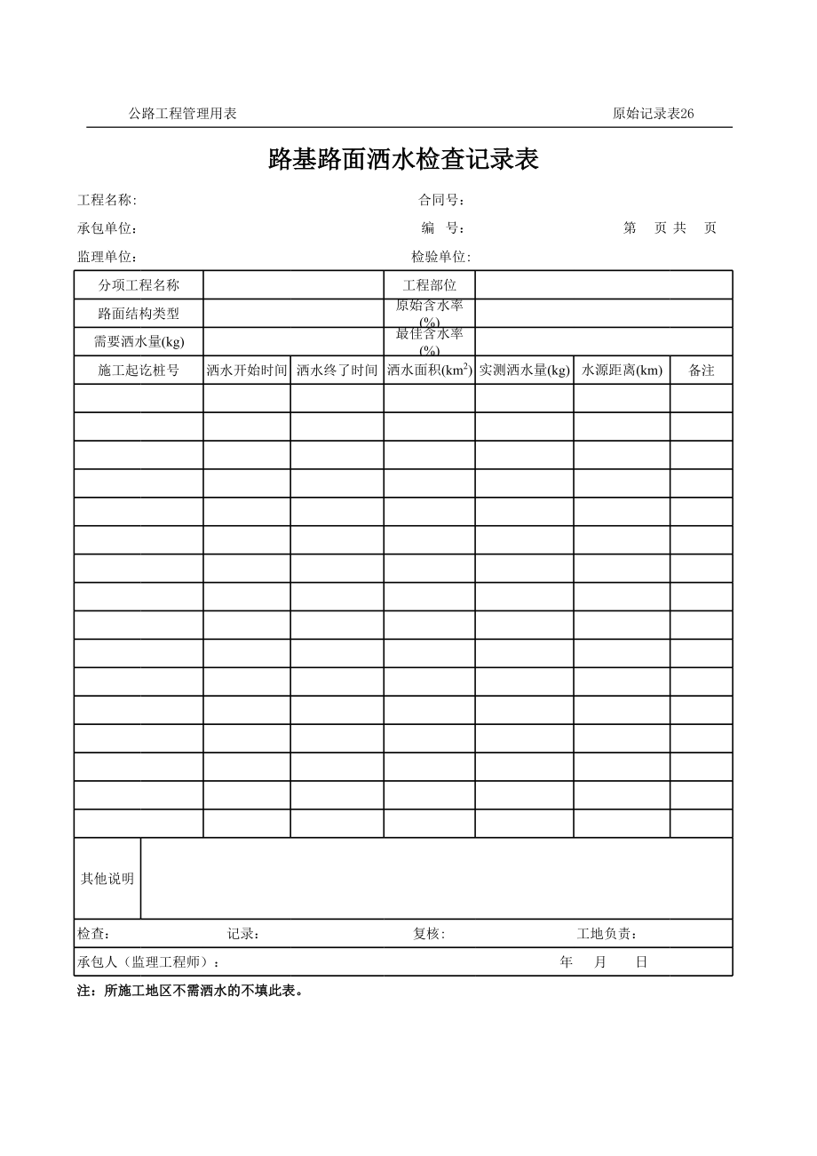 表格模板-公路工程管理用表范本路基路面洒水检查记录表 精品.xls_第1页