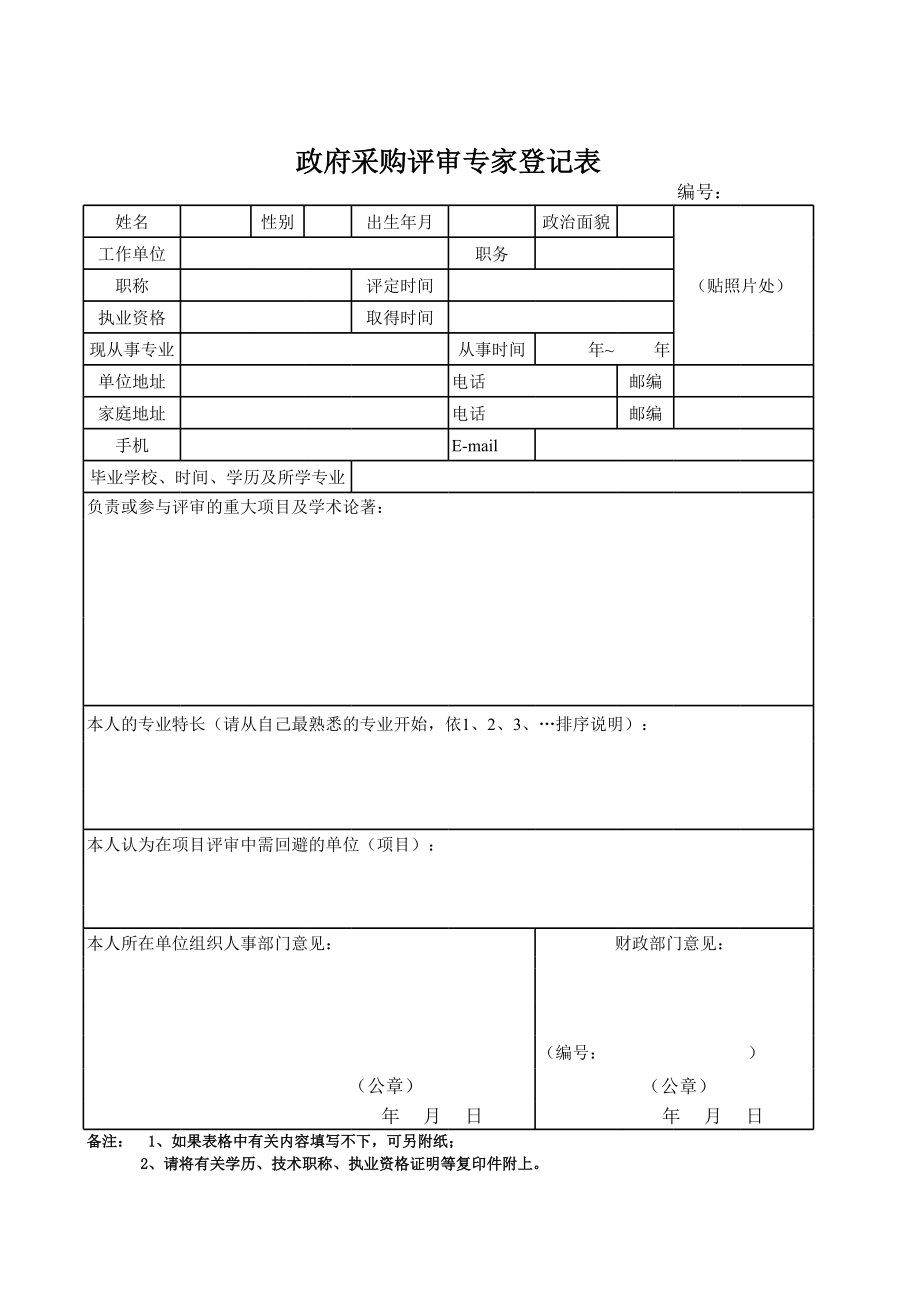 表格模板-政府采购评审专家登记表 精品.xls_第2页