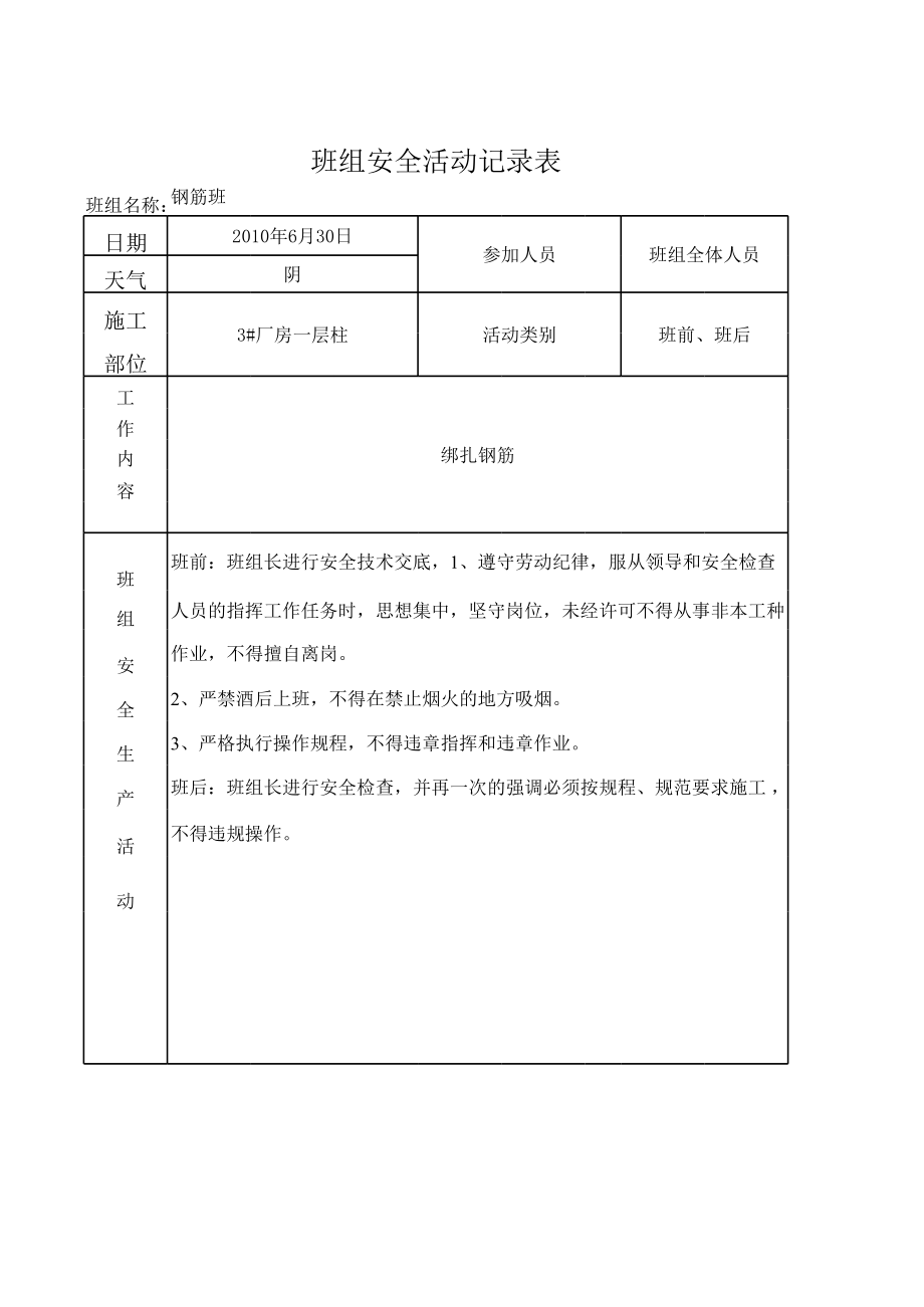 表格模板-班组安全活动记录表1 精品.xls_第1页