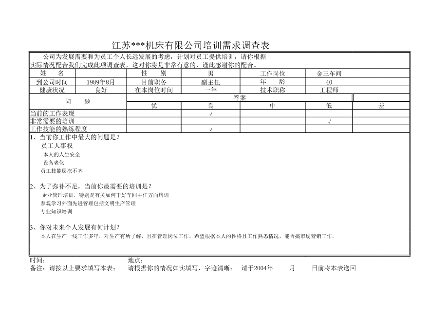 表格模板-某机床公司培训需求调查表 精品.xls_第1页