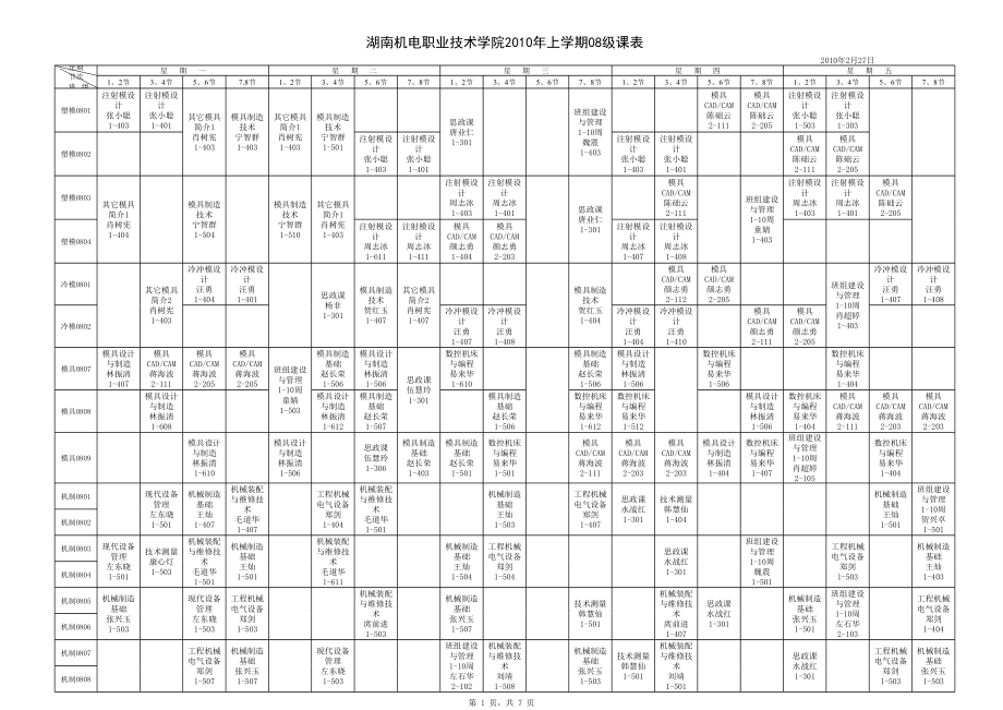 表格模板-湖南机电职业技术学院XXXX年上学期08级课表 精品.xls_第1页