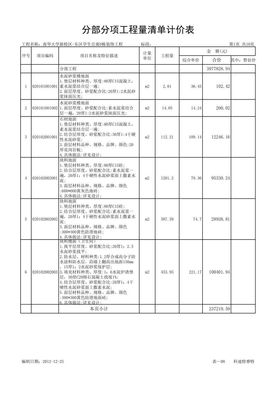 表格模板-分部分项工程量清单计价表纵向2 精品.xls_第1页